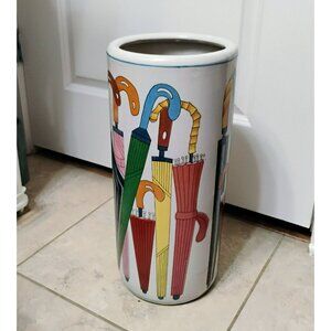 Vintage Whimsical Umbrellas Design Umbrella Stand, 18" MCM Ceramic Cane Holder,